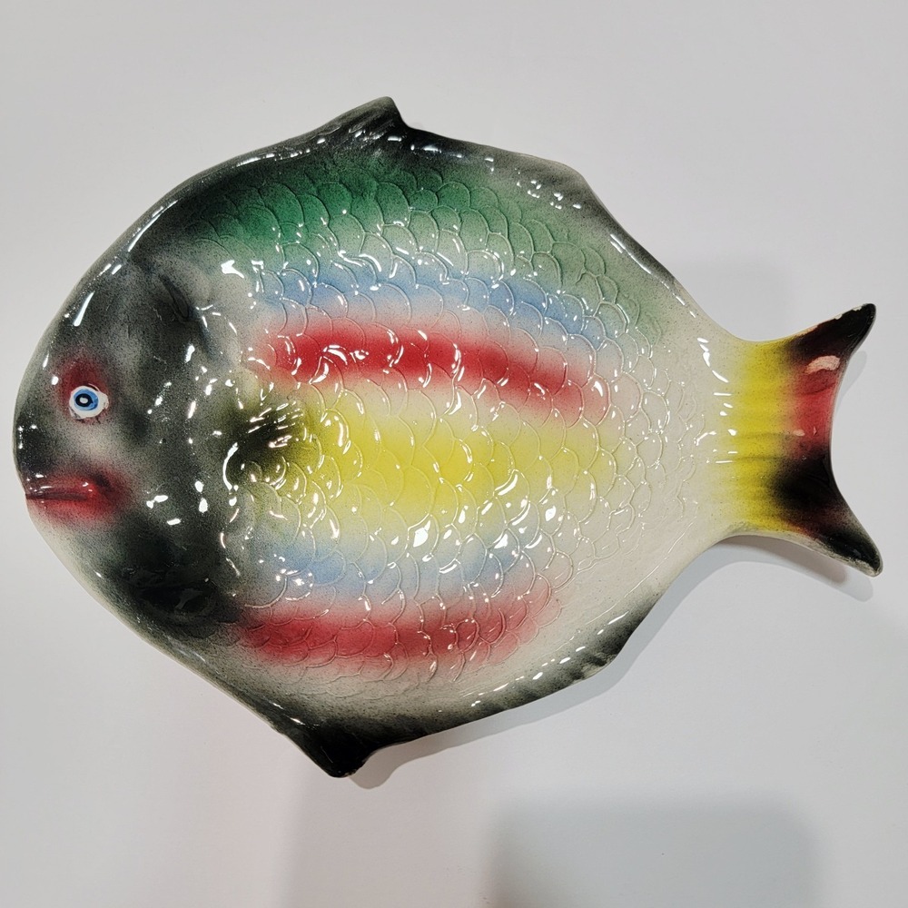 Art Pottery Ceramic Fish Bone Plate Trinket Dish‎ Hand Painted 1978 Italy 9.5"